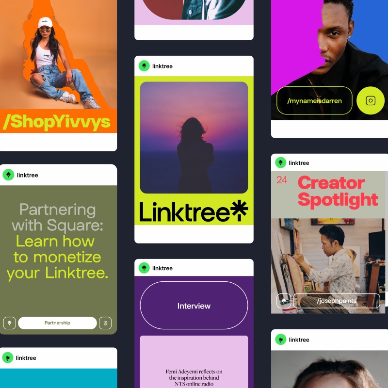 Linktree brand across social media — diverse creator content, vibrant colors, consistent visual identity